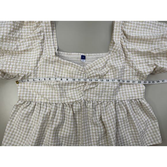 Old Navy Women Puff-Sleeve Smocked Seersucker Babydoll Top 3X Yellow Tan Gingham - Picture 12 of 16